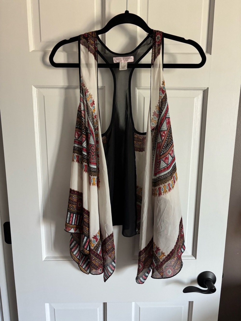 Boho Printed Sleeveless Open Front Vest - Cream with Multicolor Print Size Small